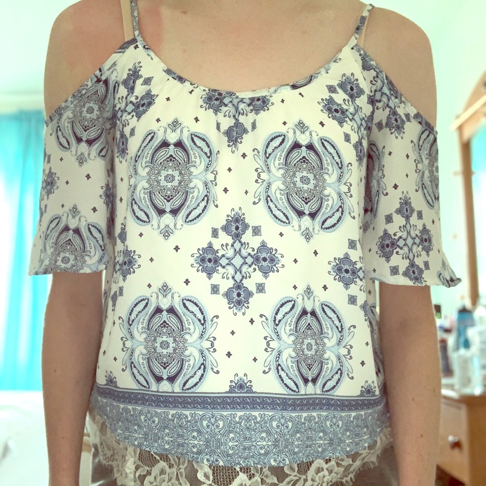 Stella Tweed Off The Shoulder Blue Blouse
